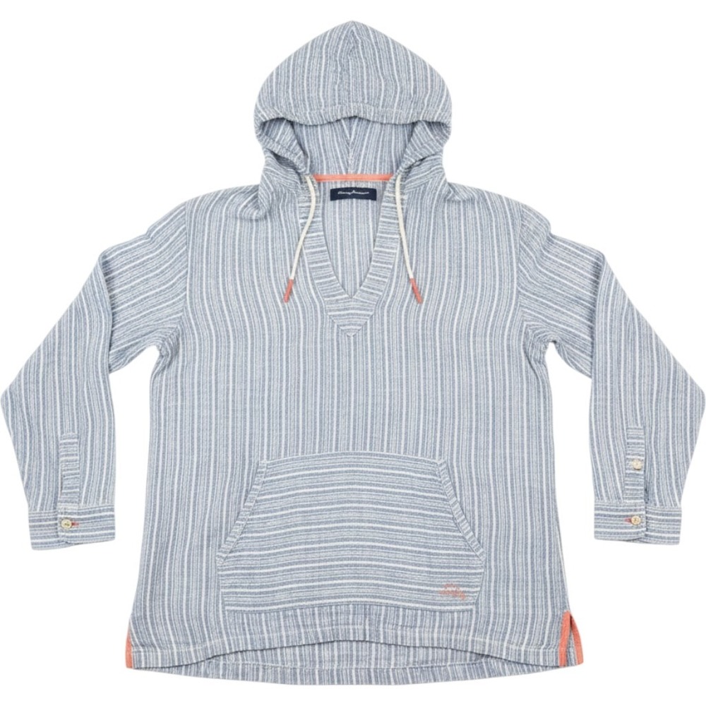 Tommy Bahama Brazillionaire Hoodie Mens L Blue White Stripe 100% Linen Marlin